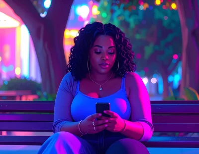 Firefly_a larger woman sits at a park bench and looks at her phone, bored 812205